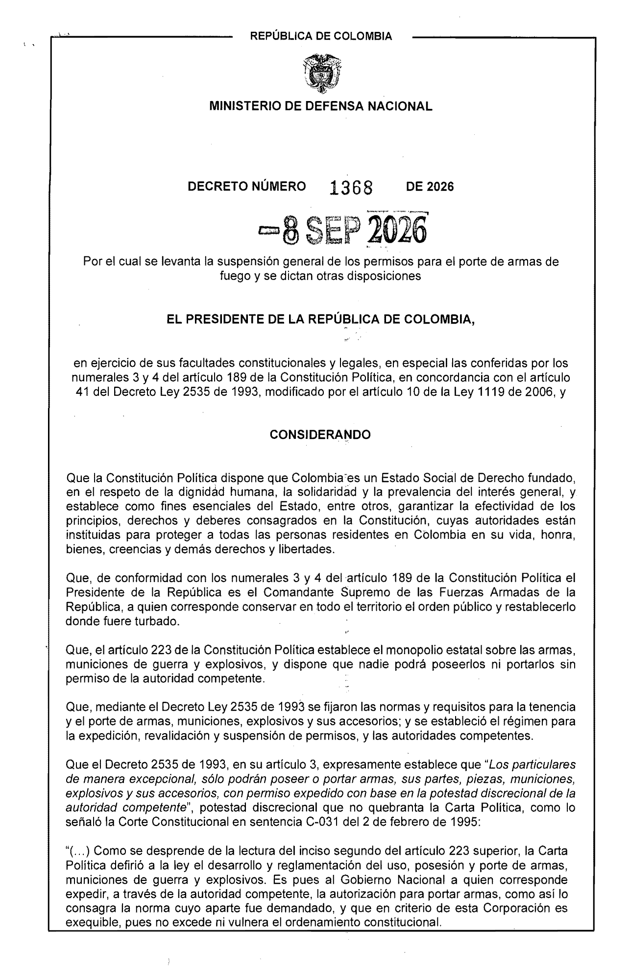 Decreto 1368 del 8 de septiembre de 2026 Decreto 1368 del 8 de septiembre de 2026