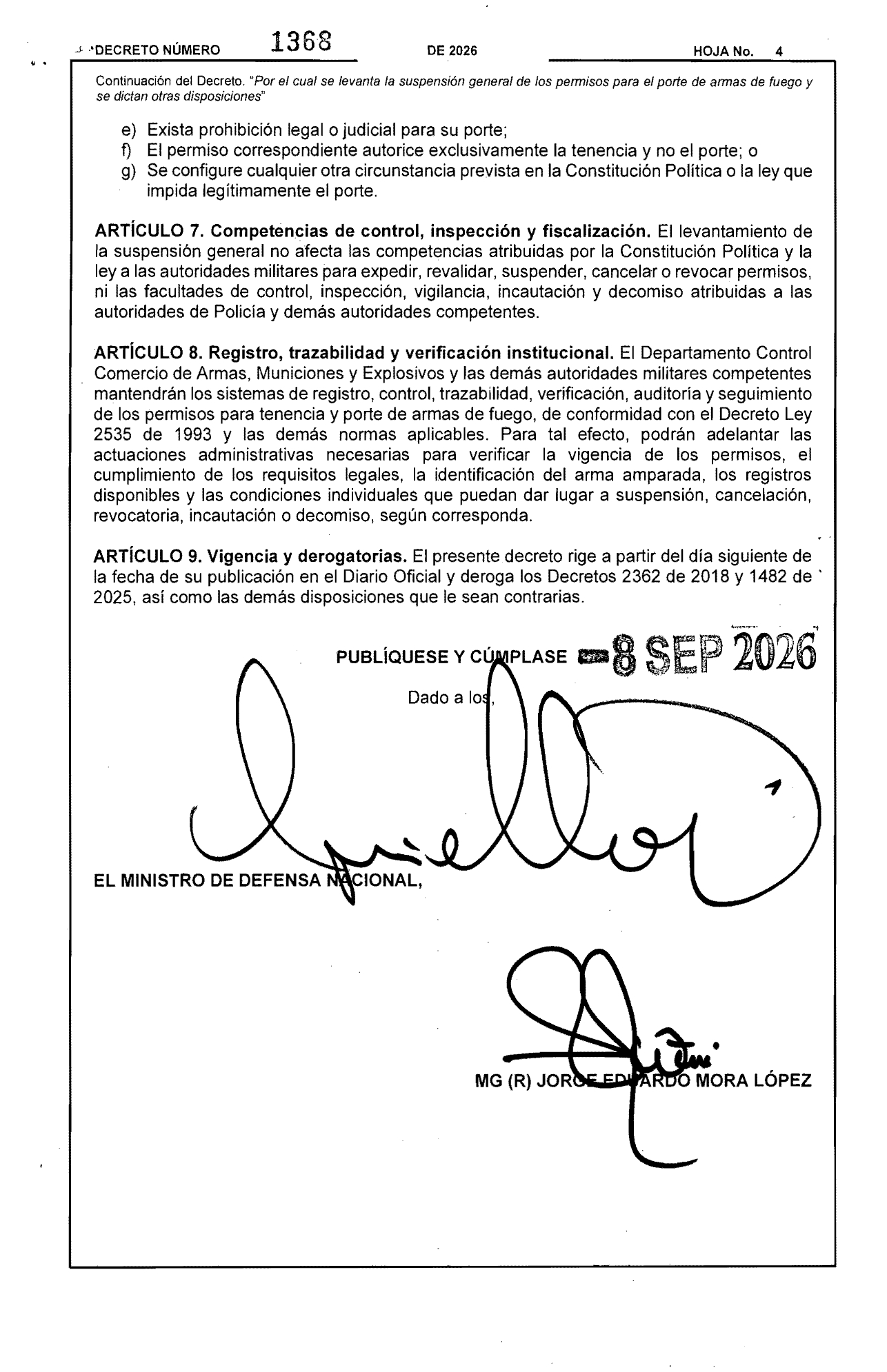 Decreto 1368 del 8 de septiembre de 2026 Decreto 1368 del 8 de septiembre de 2026