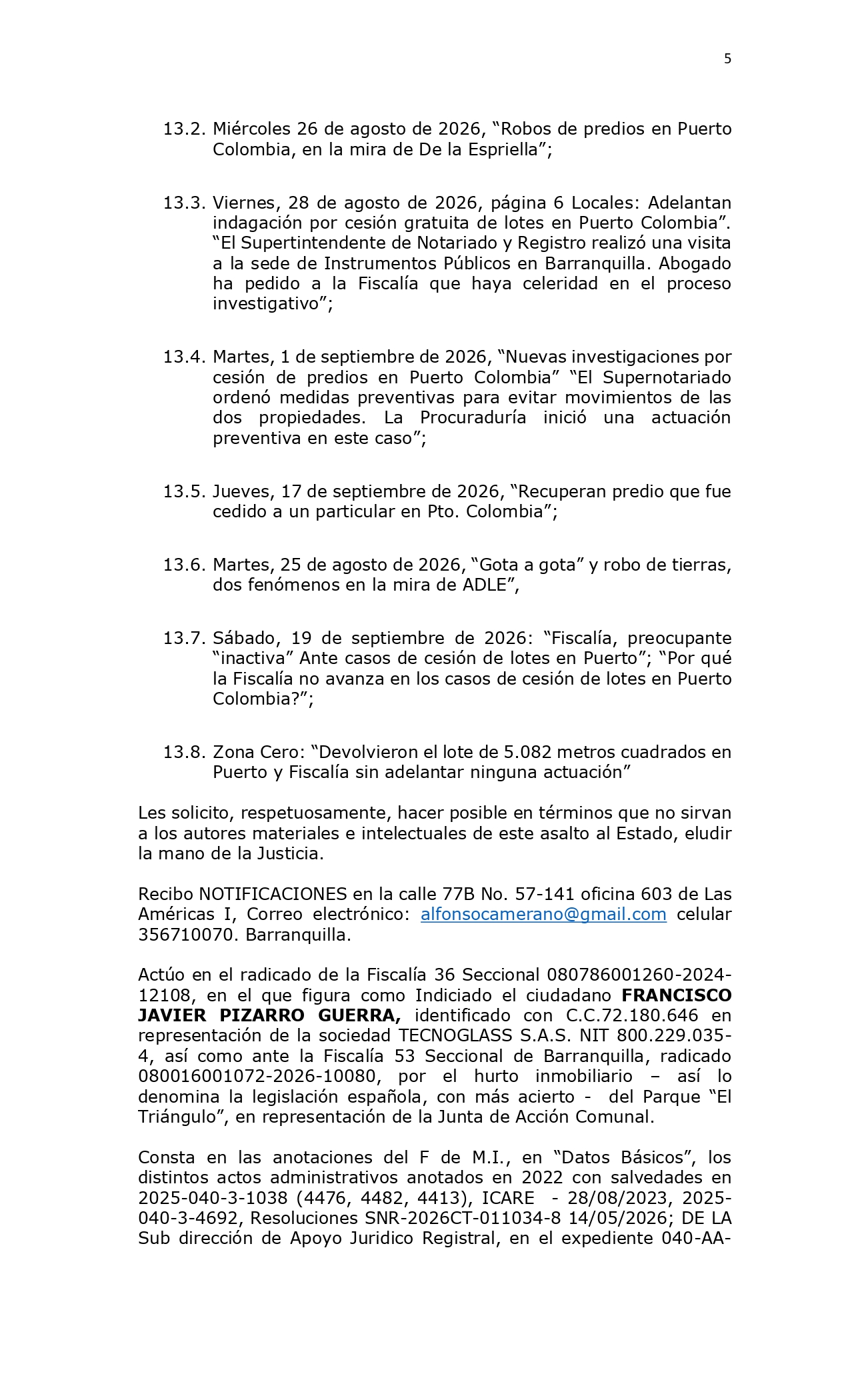 Piden a Fiscalía dar celeridad a investigación sobre 'cesión gratuita' de lotes en Puerto Piden a Fiscalía dar celeridad a investigación sobre 'cesión gratuita' de lotes en Puerto