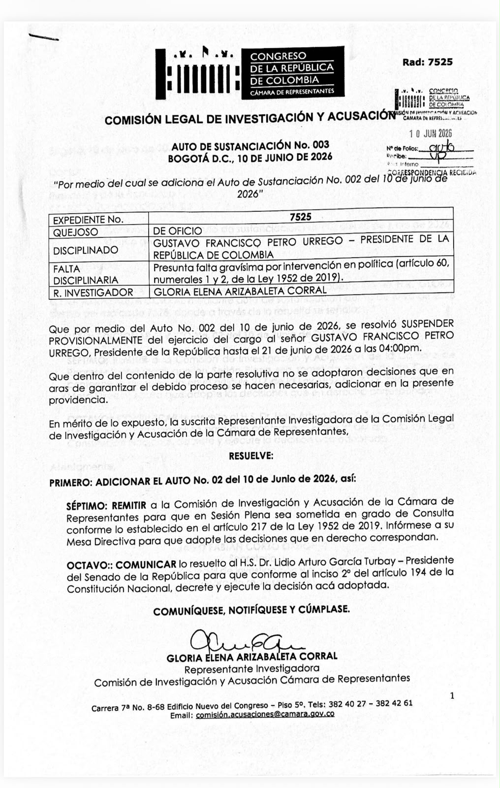 Auto que modifica suspensión temporal del Presidente Gustavo Petro