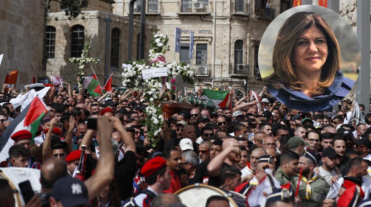 Sepelio de Shireen Abu Akleh (en el círculo), la periodista asesinada por tropas israelíes