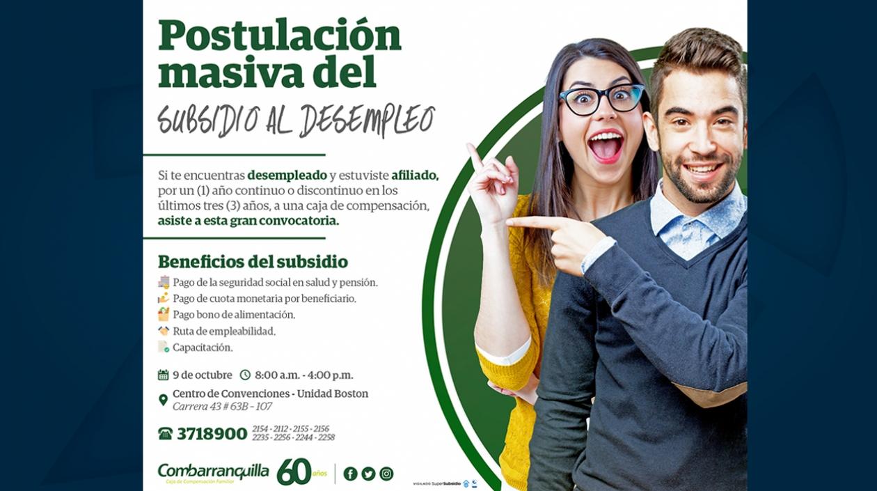 Afiche de ilustración por convocatoria de subsidio de desempleo en Combarranquilla.