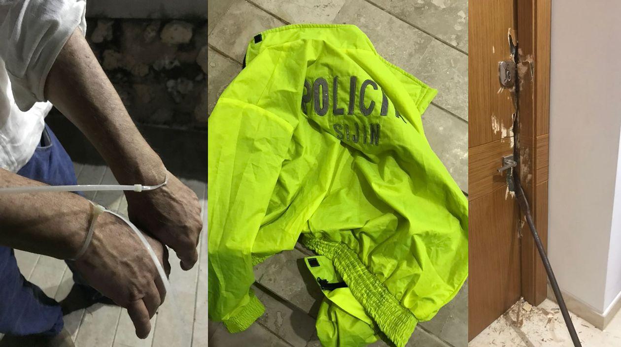 El dirigente amarrado, las prendas de la Ponal utilizadas y la puerta forzada.