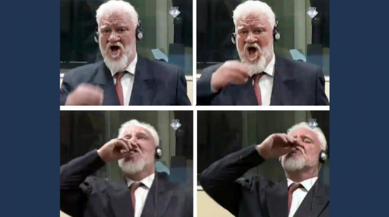 Un criminal de guerra bebe un supuesto veneno ante la Corte de la antigua Yugoslavia.