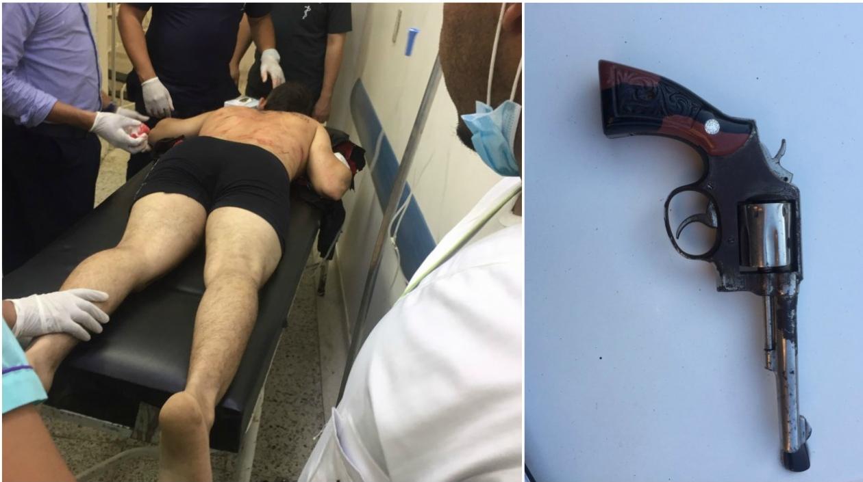 Momentos en que era atendido uno de los dos presuntos ladrones y el arma de fuego incautada.