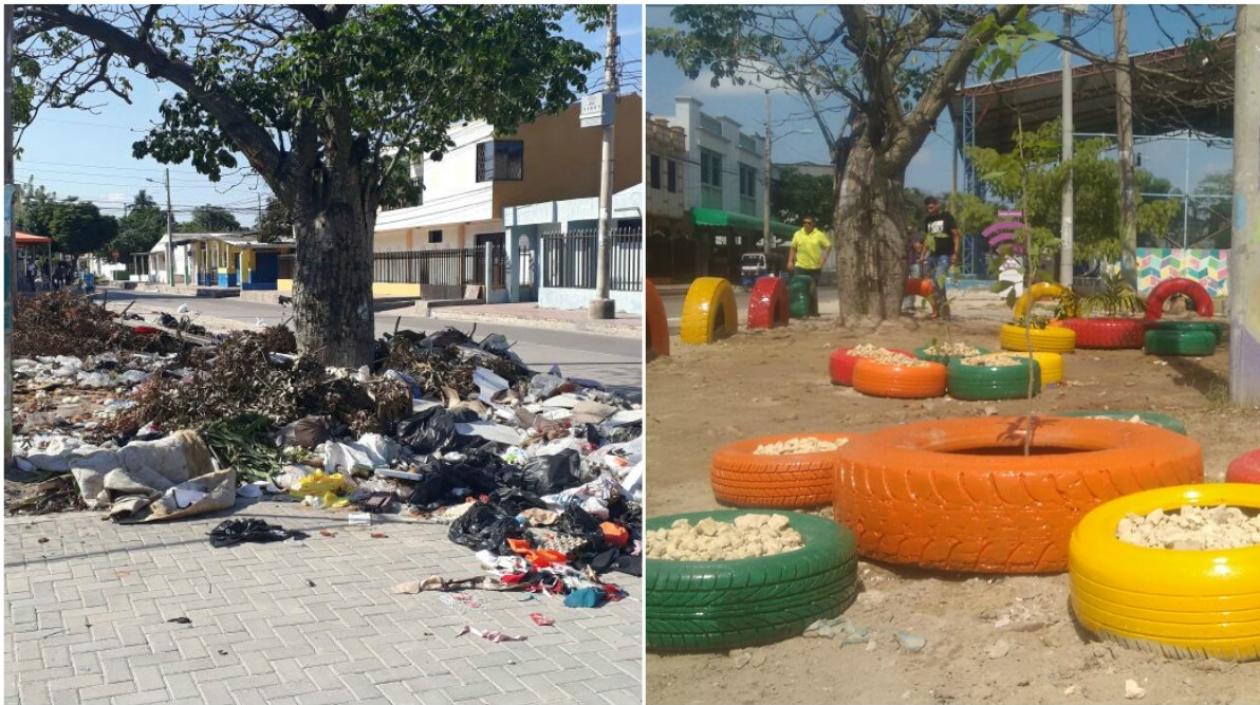 El antes y el después del jardín del polideportivo.