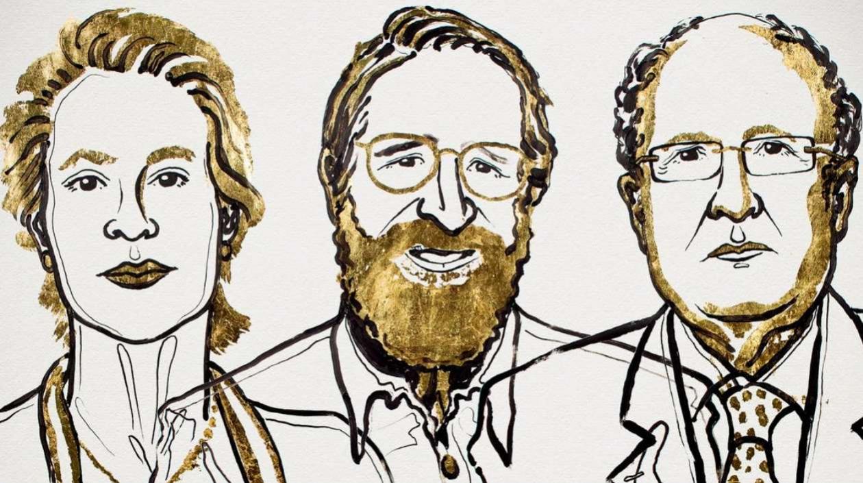 Los galardonados Frances H. Arnold y George Smith y el británico Gregory P. Winter.