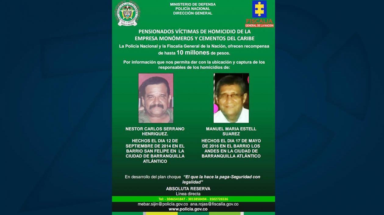 Cartel con las fotos de las dos víctimas y por la que ofrecen recompensa para identificar a sus victimarios.