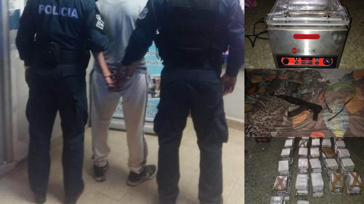 El capturado, la droga incautada, el fusil y la máquina de embalaje. 