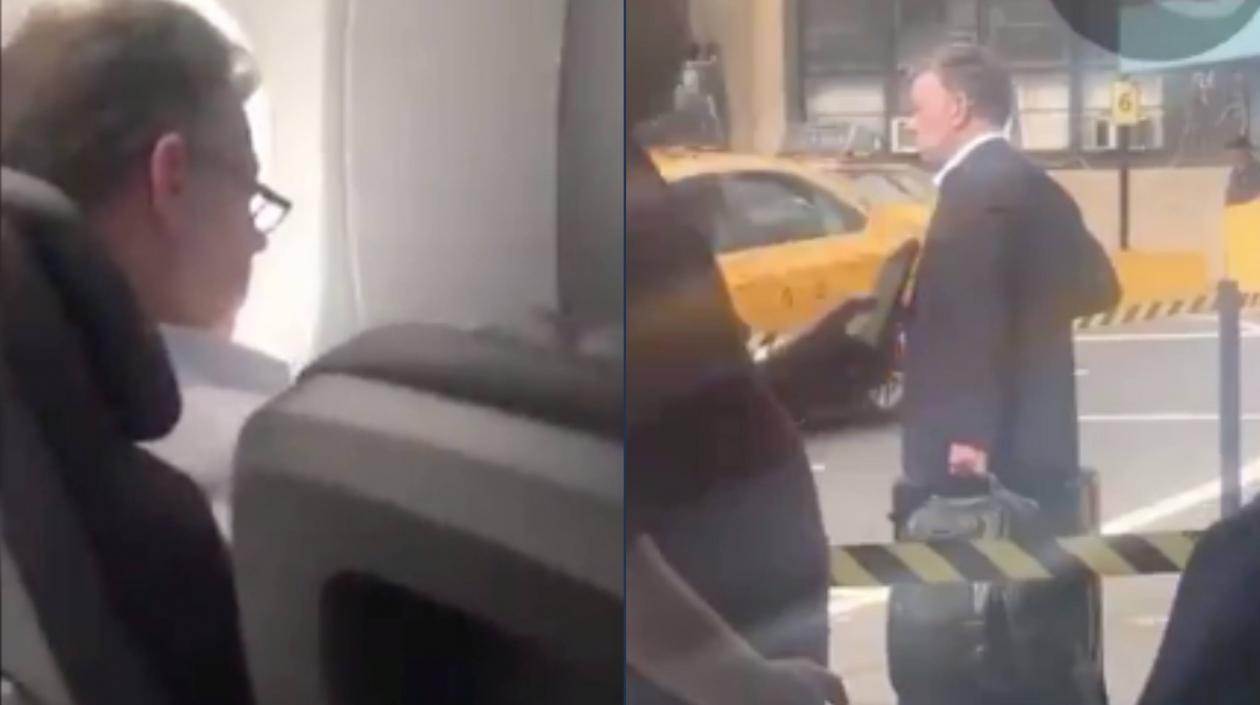 Expresidente Juan Manuel Santos cuando era grabado en el avión y tomando un taxi.