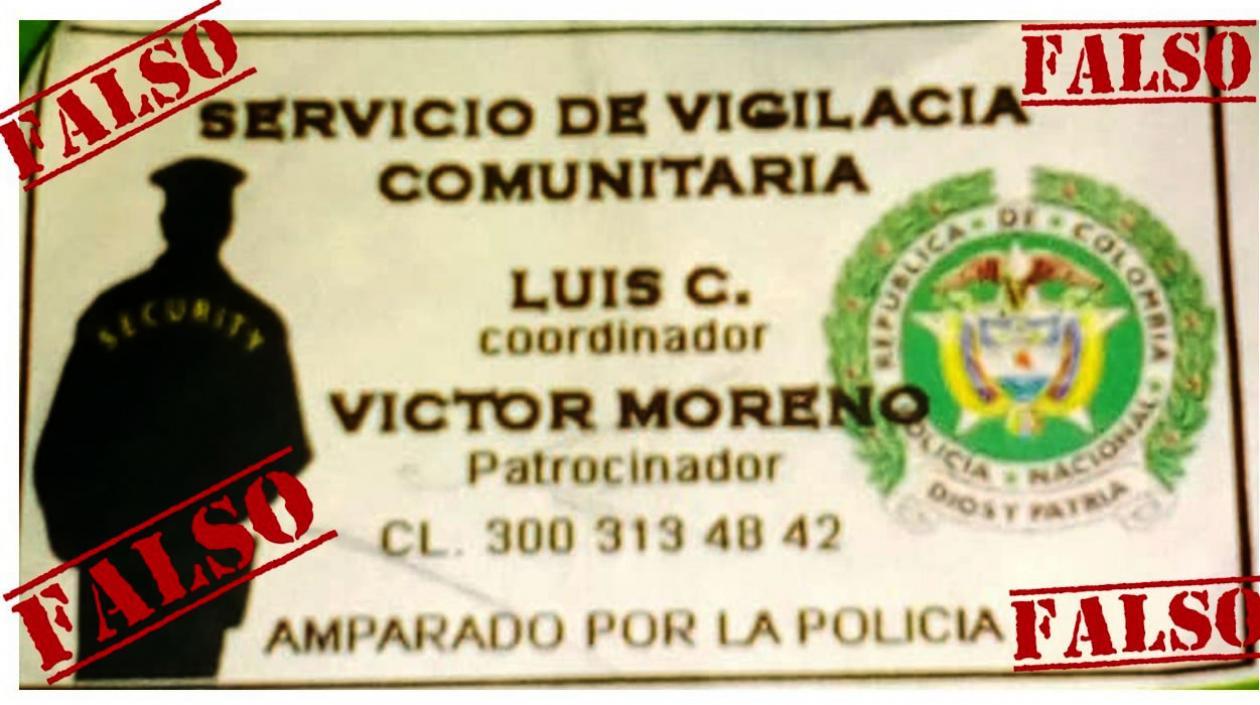 Falso volante promocionando servicio de vigilancia comunitaria.