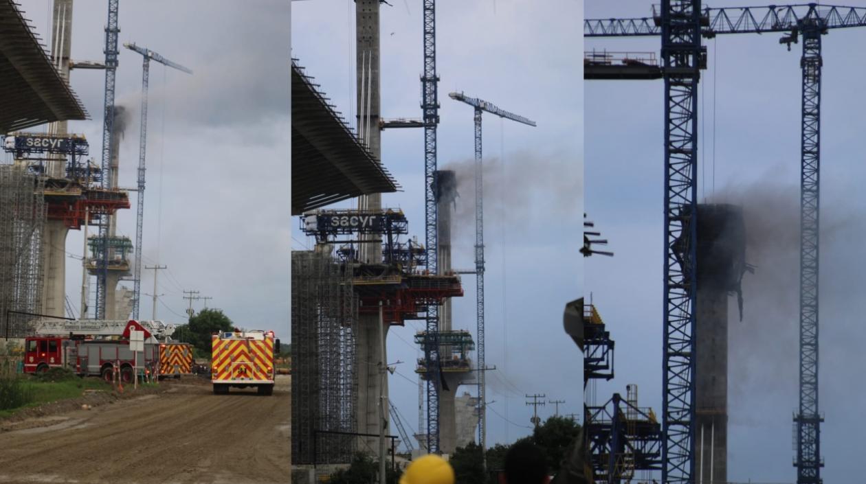 Momento de la emergencia en uno de los pilas del nuevo puente Pumarejo.