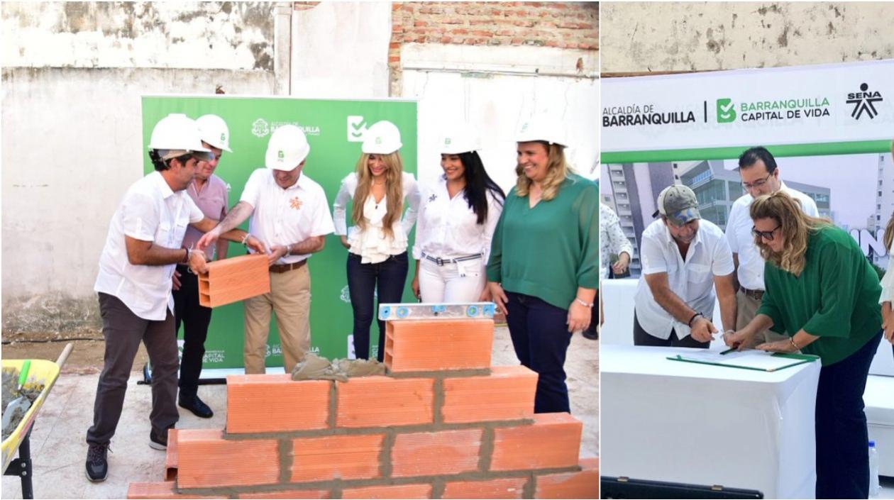 El Alcalde Alejandro Char, la secretaria de Educación, Bibiana Rincón, y el Director del Sena, Carlos Mario Estrada, durante la puesta de la primera piedra de la sede del SENA TICS e Innovación en el barrio El Prado. 