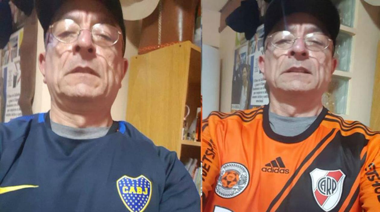 Luis Ramón Gómez Soto con las camisetas de Boca y de River. 