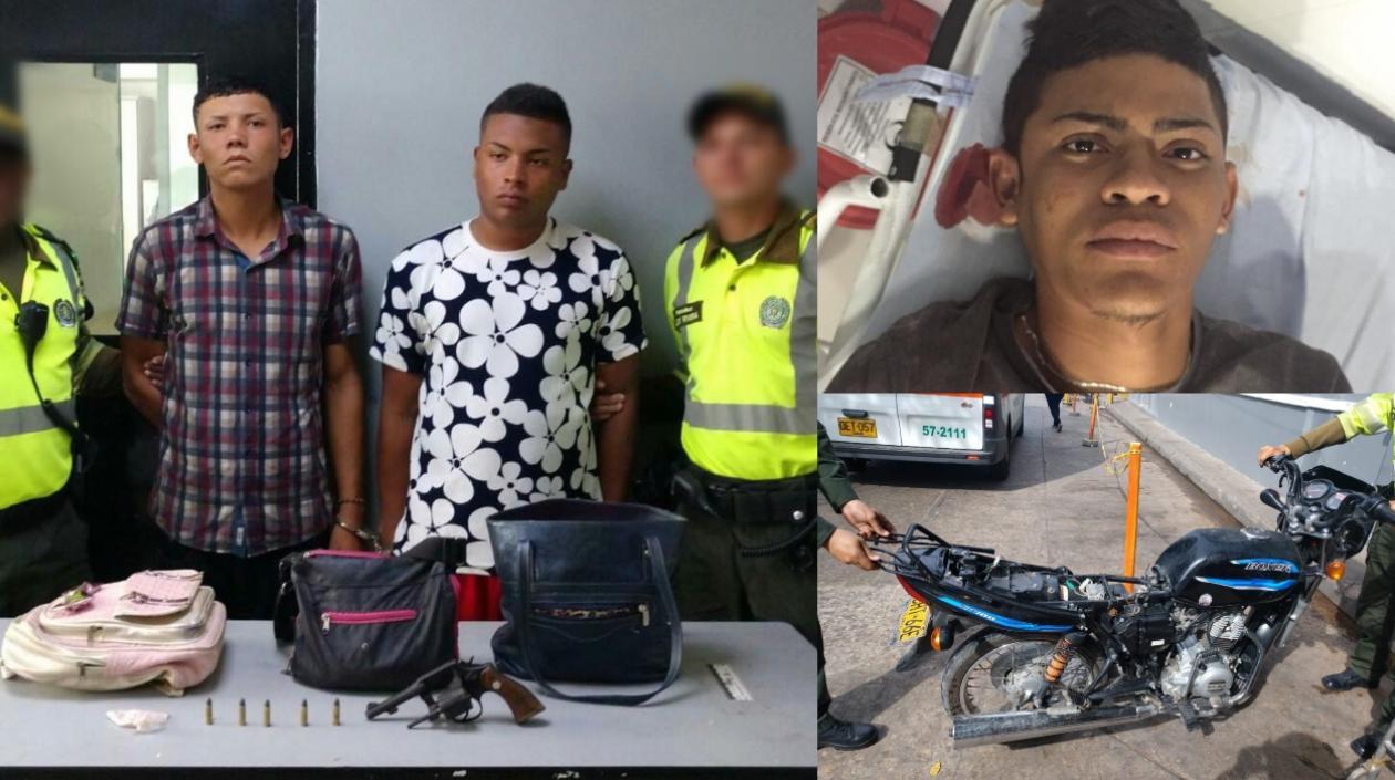 Los capturados, el arma y la moto incautada, y los objetos recuperados.