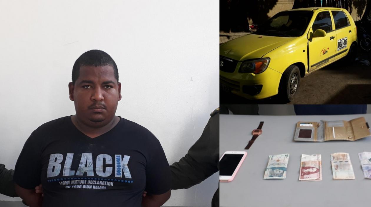 Fray Mercado Villegas, el taxi que usaba para robar y las pertenencias recuperadas. 