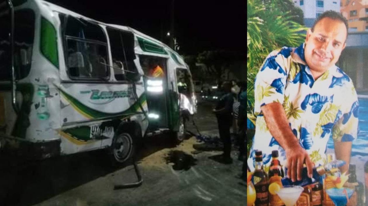 La buseta accidentada y foto en vida de Marlon José Marriaga Calderón.