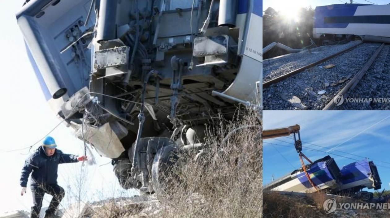 Imágenes del tren de alta velocidad que se desacarriló en Corea del Sur.