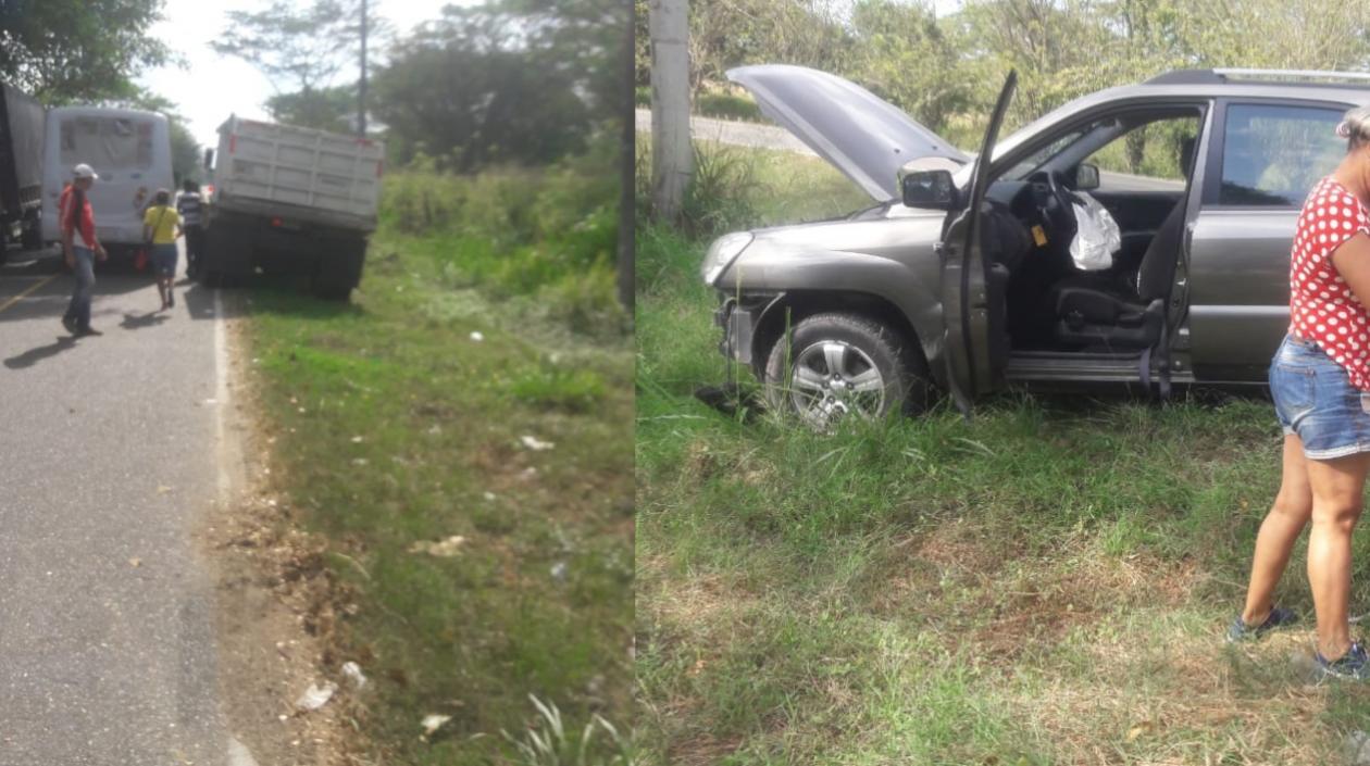 Volqueta donde iba el adolescente y la camioneta que terminó embistiéndolo.