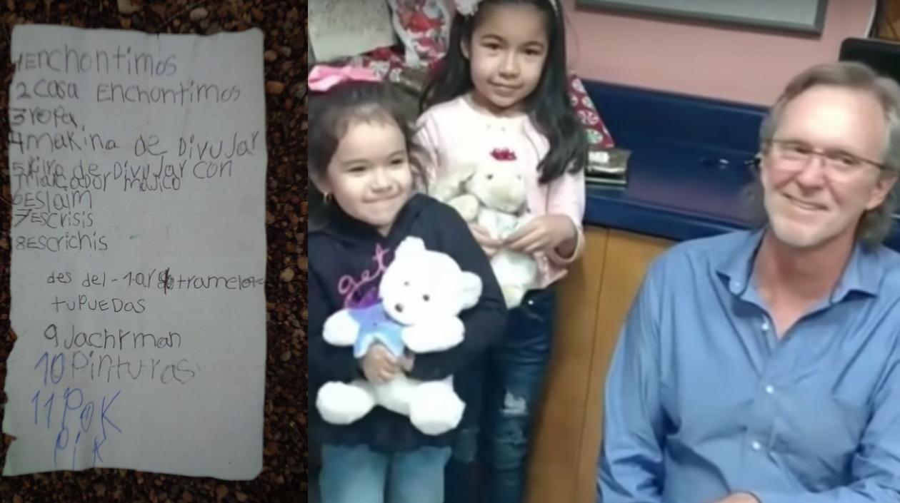 La carta y las pequeñas que recibieron el regalo del estadounidense.