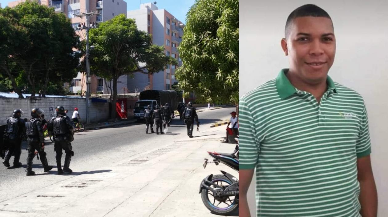 Agentes del Esmad en Medicina Legal y José De Los Reyes Cantillo Padilla.