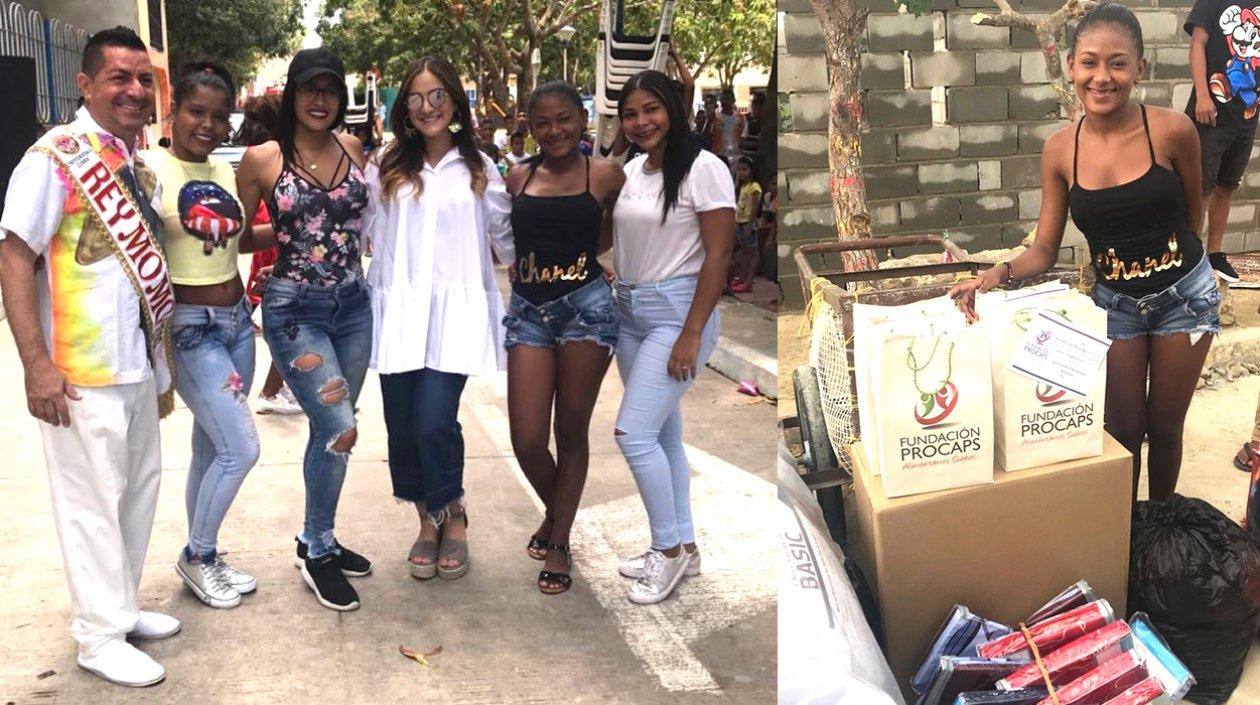 Las reinas con el Rey Momo y las donaciones entregadas a Lilia Orozco.
