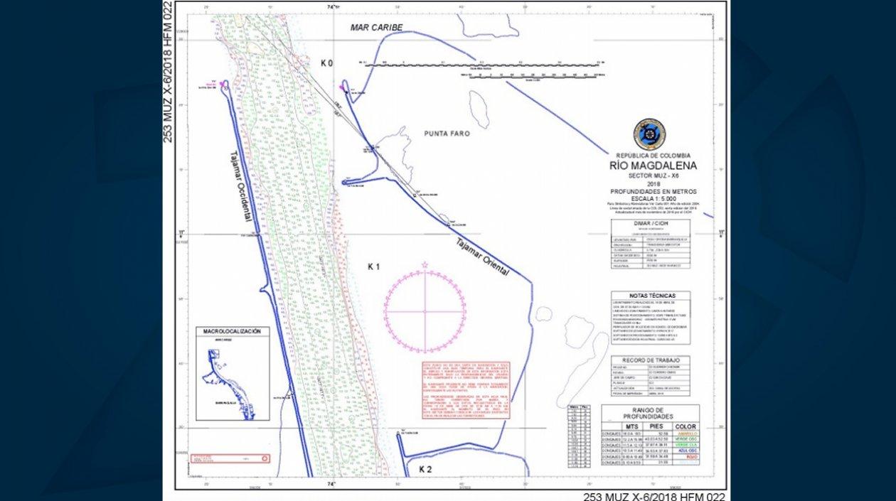 Plano batimétrico con las nuevas condiciones del canal de acceso al puerto de Barranquilla.