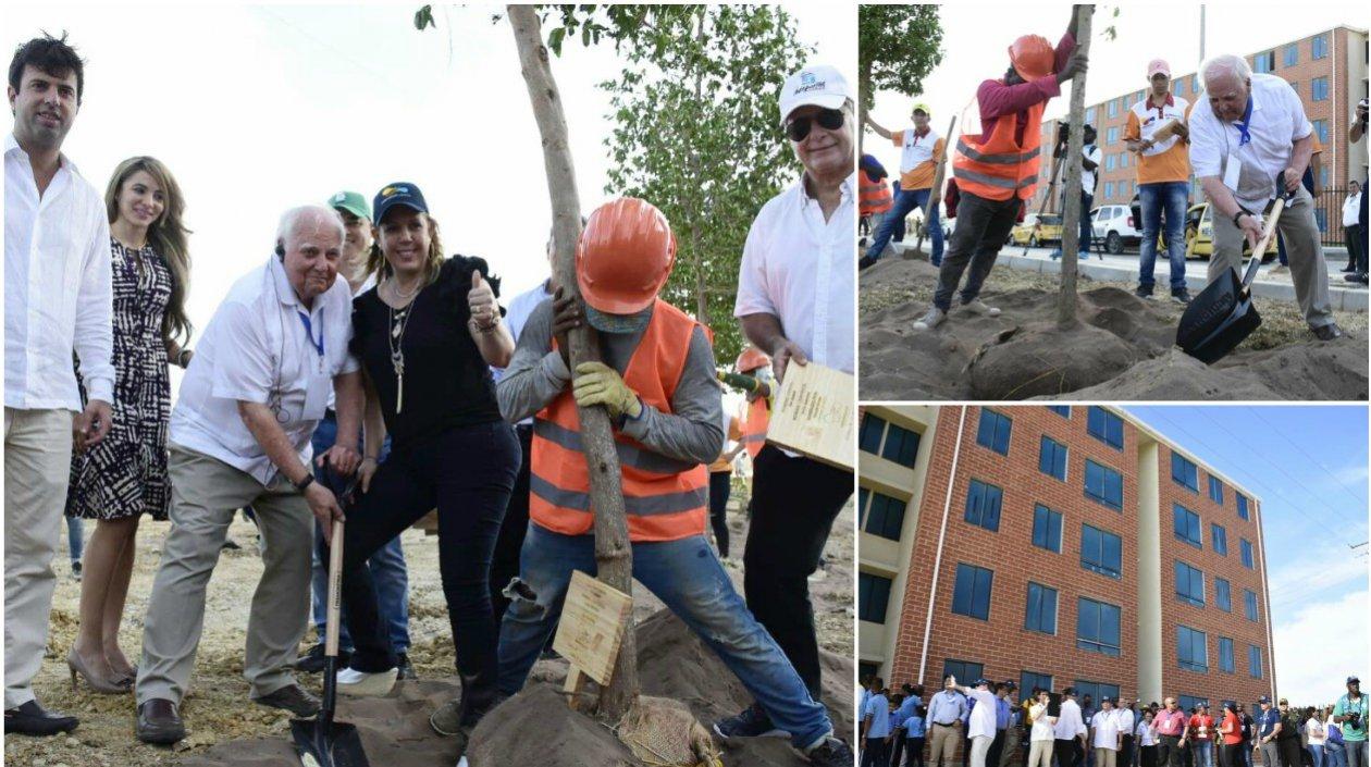 Autoridades locales y deportivas durante la siembra de árboles. 