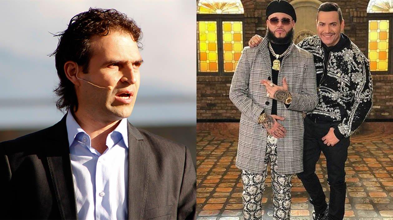 El alcalde Federico Gutiérrez y los cantantes Farruko y Víctor Manuelle