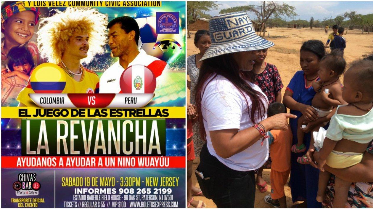 Cartel promocional del partido y Nayi Guardiola, presidenta de la Fundación Colombian American Goodwill.