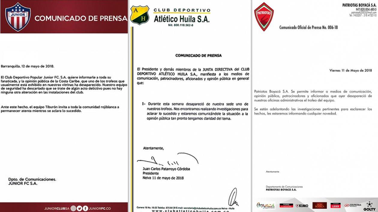 Comunicados de prensa donde los clubes denuncian lo mismo. 