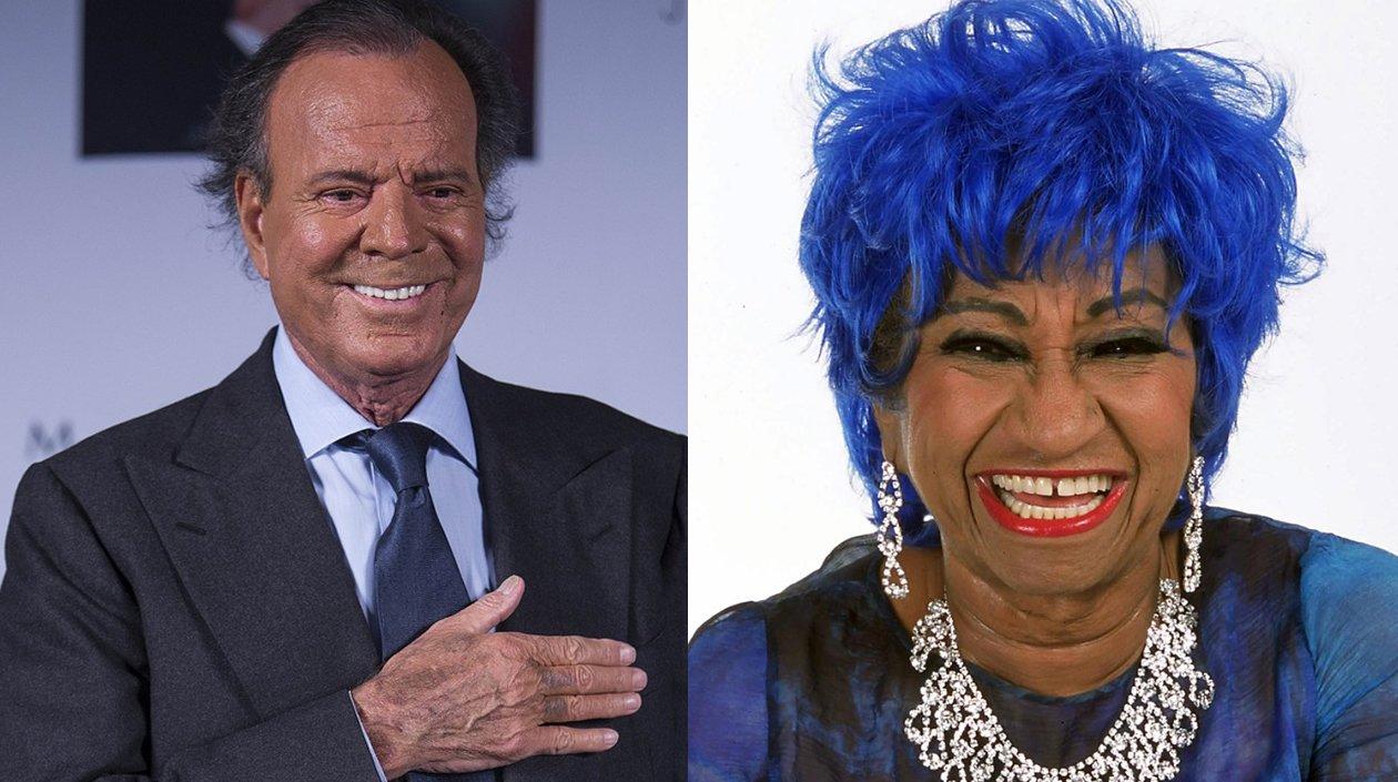 Los cantantes Julio Iglesias y Celia Cruz.