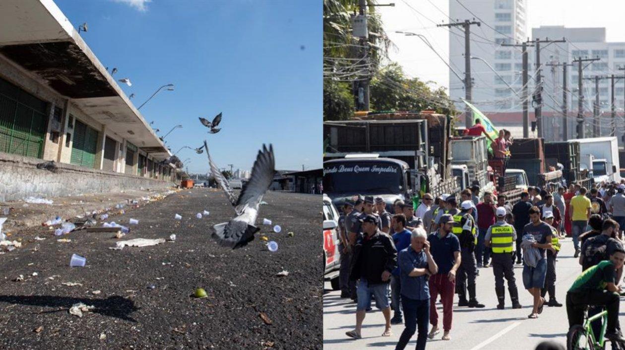 Camioneros bloquean una calle de acceso a la central de abastos de Sao Paulo, donde el panorama es desolador.