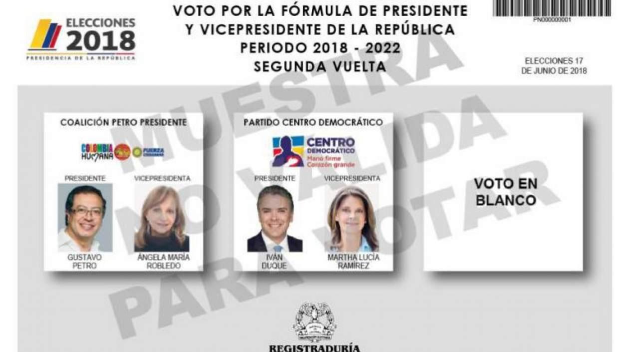 Tarjetón elecciones Presidenciales Colombia para segunda vuelta.