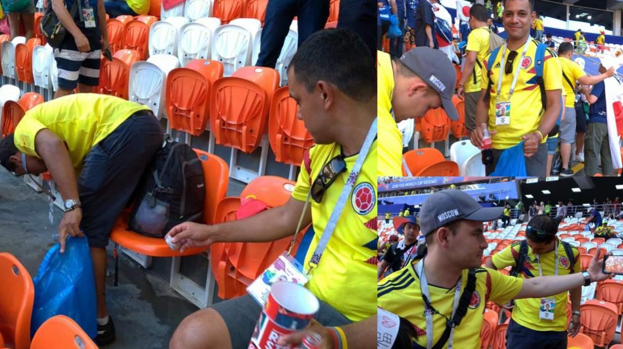 Colombianos recogiendo basura en el estadio.