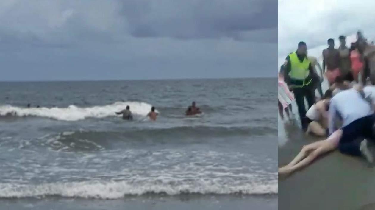 Momentos en que la niña fue rescatada del mar.