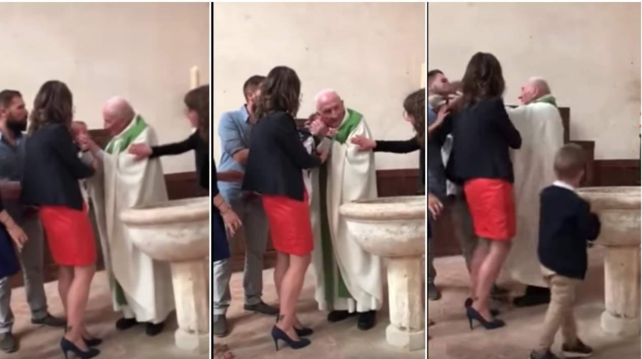 Momento del incidente en la pila bautismal.