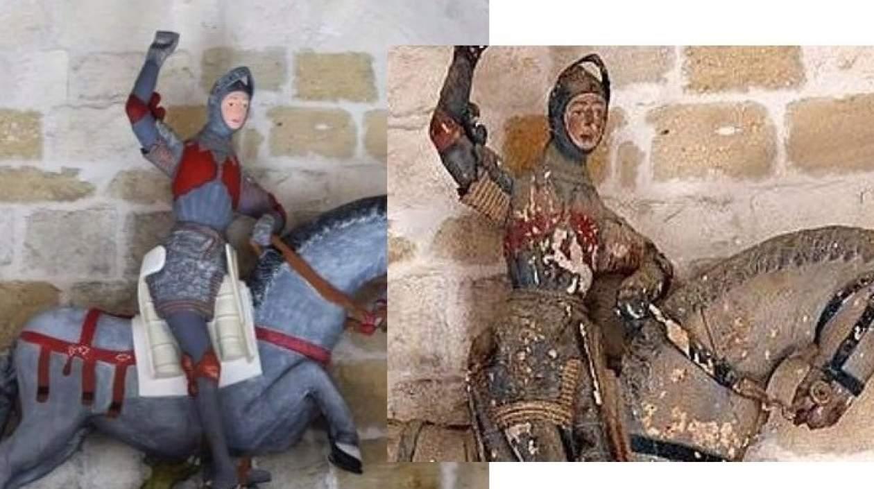 San Jorge en un caballo azul, algo que fue criticado después de la restauración.