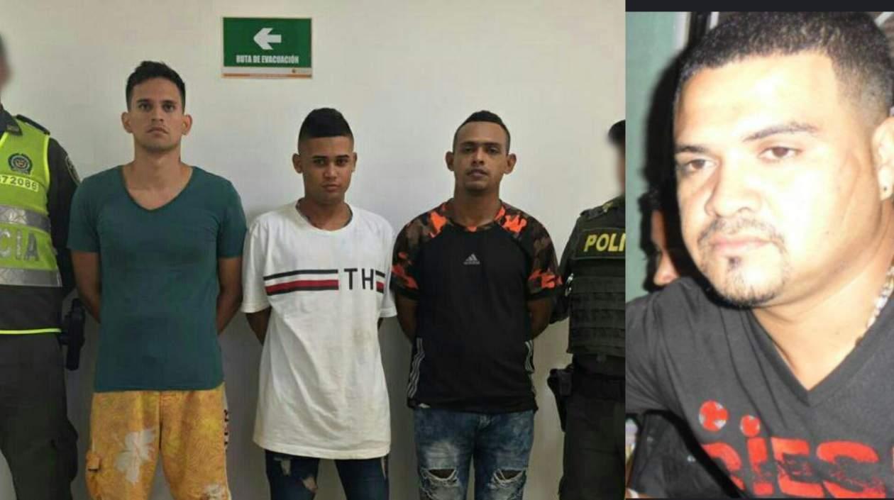 De izquierda a derecha, Cristian Giraldo González, Carlos Montoya Barandica y Jorge Manuel Escorcia Montoya, alias 'El York'. Al lado,  la víctima Jorge Alberto Ducon.