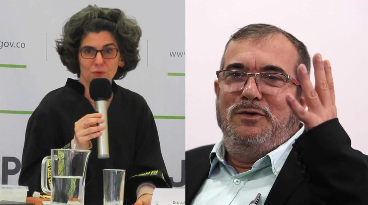Julieta Lemaitre, presidenta de la Sala de Reconocimiento de la JEP, y Rodrigo Londoño, "Timochenko"