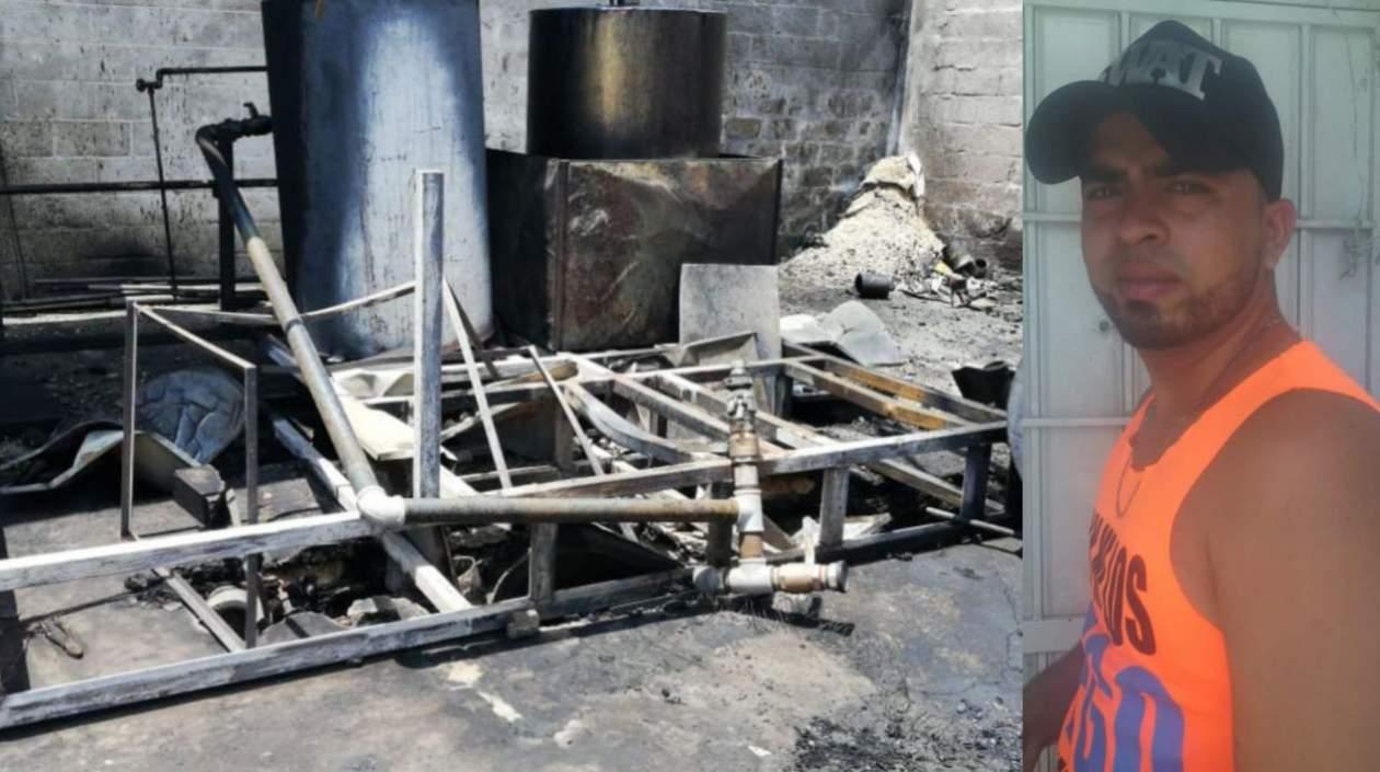 Lugar de la explosión y foto en vida de Luis Alberto Escorcia Marín. 