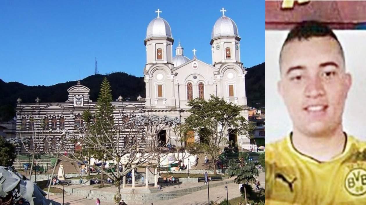 Imagen del municipio de Yarumal y el patrullero Víctor Manuel Bertel.