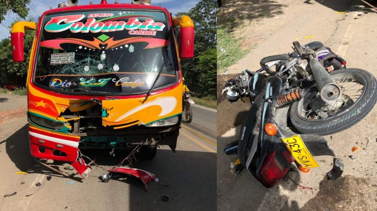 El bus y la moto involucrados en el accidente. 