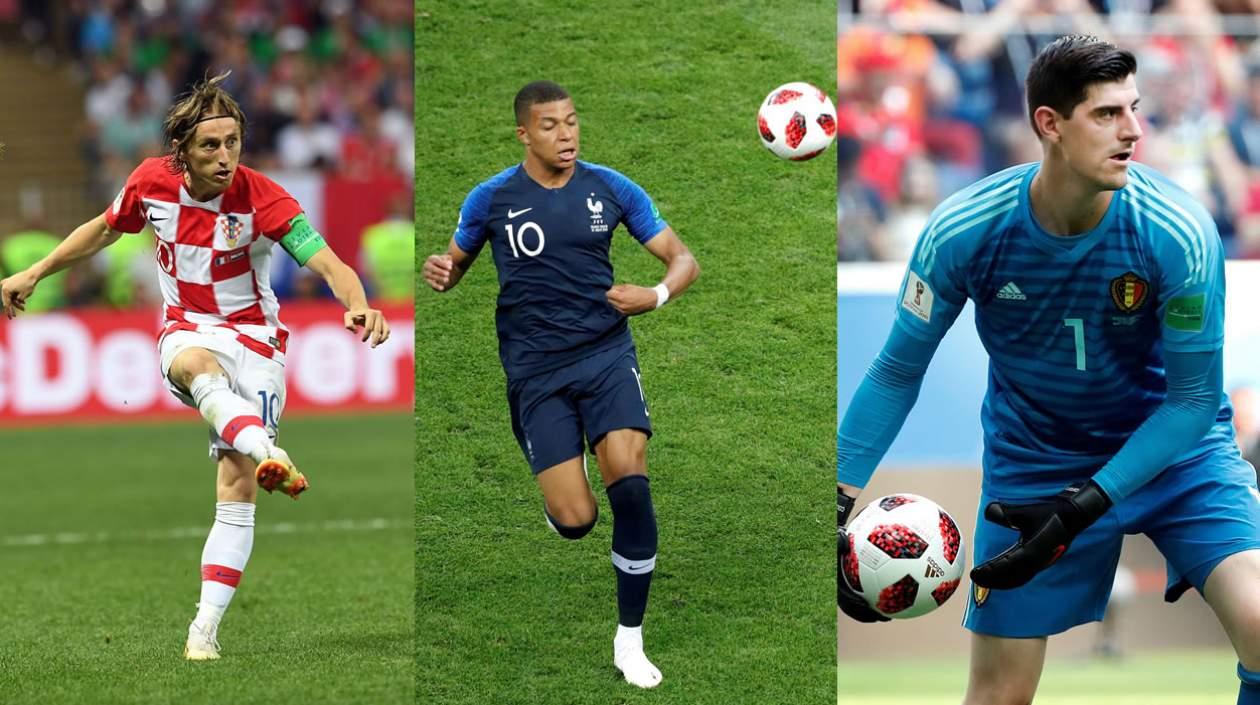 El croata Luka Modric, el francés Kylian Mbappe y el belga Thibaut Courtois