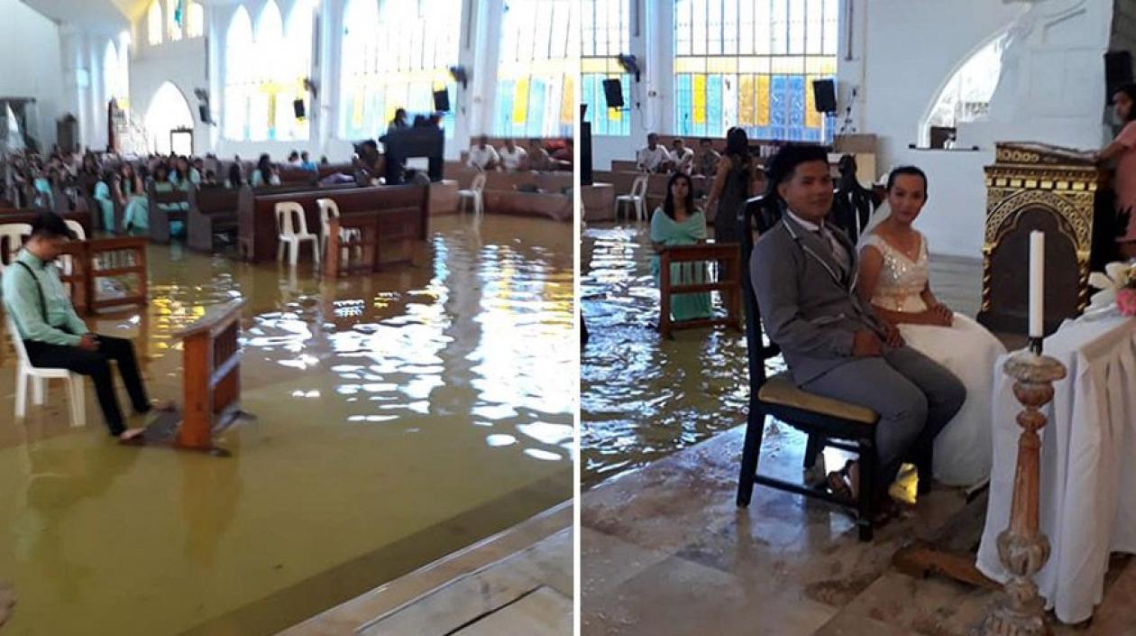 Matrimonio de Jefferson y Jobel de los Ángeles en templo inundado de Filipinas.