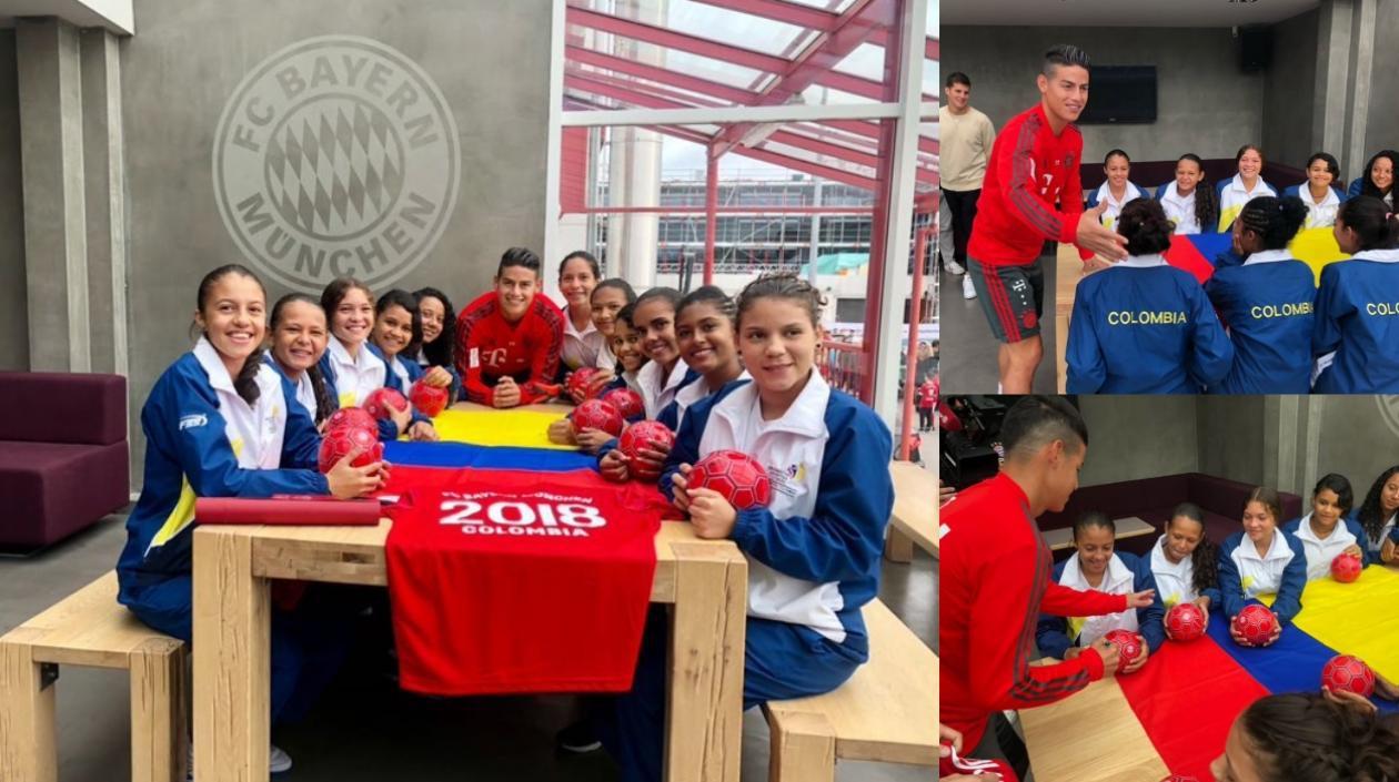 James compartiendo con las 11 niñas en la sede del Bayern. 
