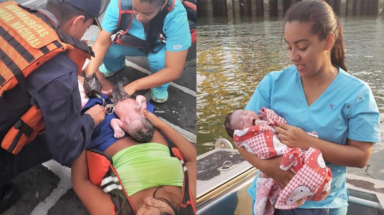La mujer auxiliada por el personal de Guardacostas de la Armada Nacional.