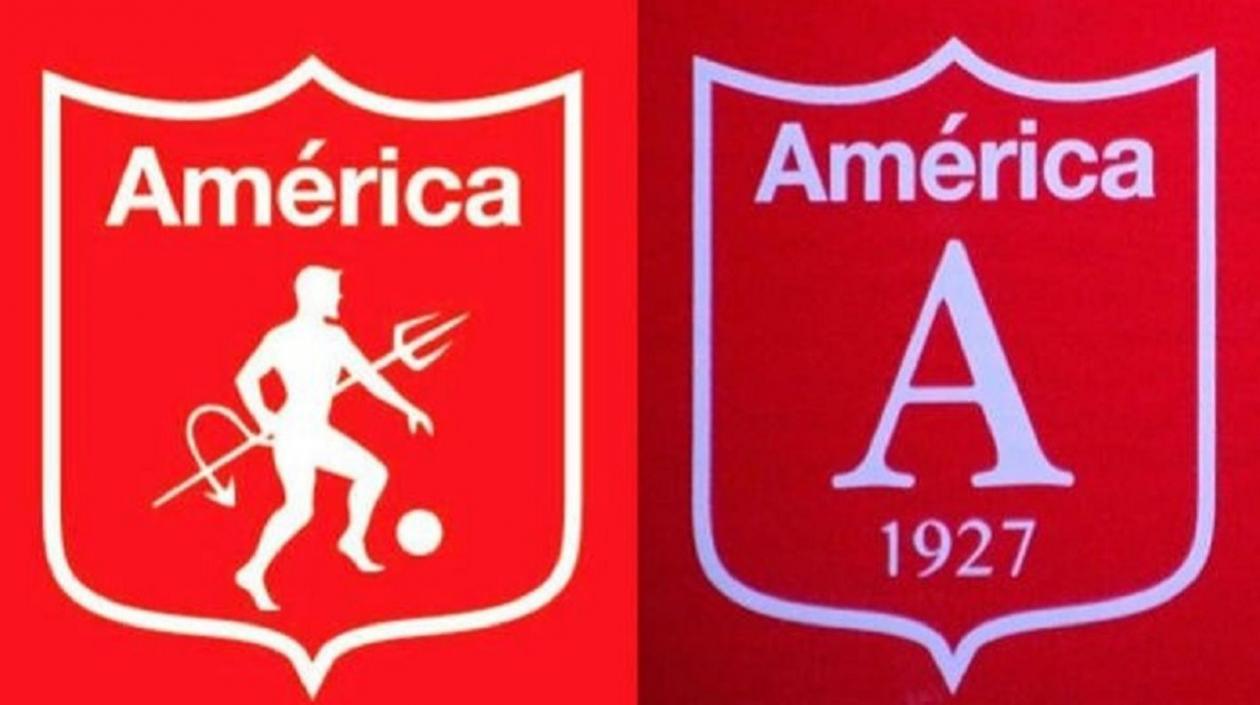 Tradicional escudo del América de Cali y el nuevo diseño. 