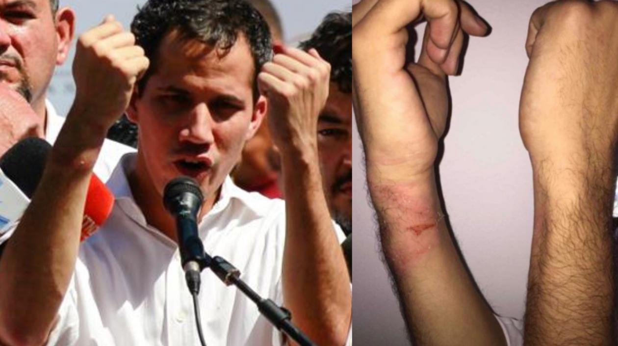 Juan Guaidó muestra sus muñecas, tras haber sido detenido por el Sebin.