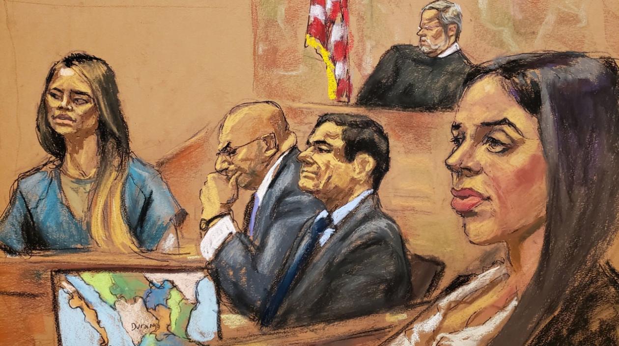 Dibujo realizado por la artista Jane Rosenberg donde aparece la exdiputada mexicana y amante de Joaquín "El Chapo" Guzmán, Lucero Guadalupe Sánchez (i)